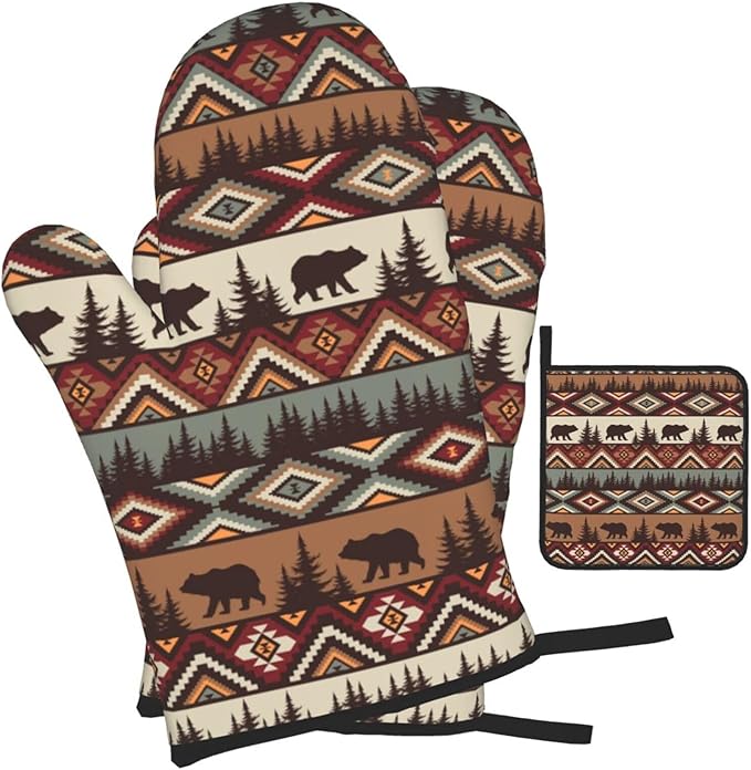 Vintage Rustic Oven Mitts and Pot Holders Sets of 3 Heat Resistant Hot Pads Bear Mountain Oven Gloves for Kitchen Cooking BBQ Baking