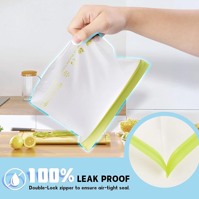 24 Pack Reusable Food Storage Bags,Leakproof Freezer Bags BPA Free Stand Up Sandwich Bags for Lunch Salad Fruit Travel,Dishwasher Safe(8 Gallon,8 Sandwich,8 Snack)