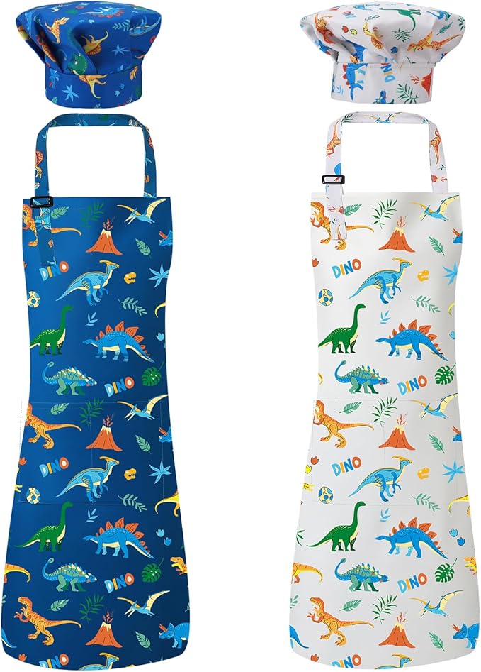 2 Pack Kids Apron and Chef Hat Adjustable Kitchen Cooking Aprons with Pockets for Girls Boys Baking Painting
