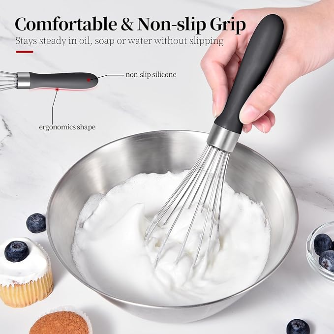 9.06in Kitchen Wire Whisk, 18/10 Stainless Steel Metal Balloon Wisk Heavy Duty Egg Beater whisker Hand Mixer for Cooking, Baking, Mixing, Stirring, Sauce, Flour, chocolate（Small, lnky Black）