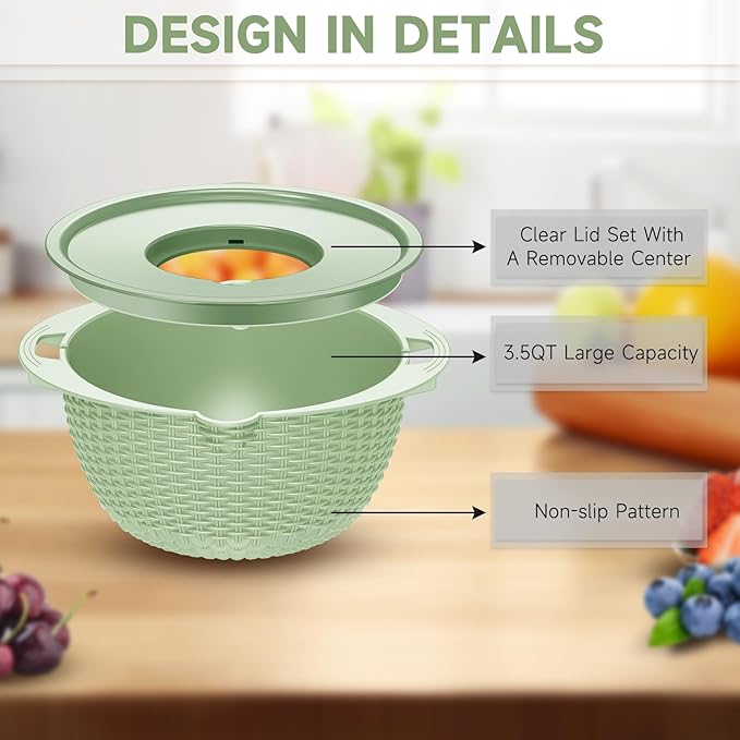 4-1 Strainer with Bowl & Spoons Set - Strainers and Colanders - Colanders for kitchen(Patented) - Pasta Strainer with Upgraded Graters & Spoons for Fruit Veggie Kitchen Essentials, Green