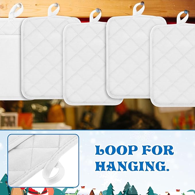 Hoolerry 30 Pieces Pot Holders with Pocket Sublimation 7x9'' Cotton Oven Pot Holders Bulk with Hanging Loops Pads for Kitchen Cook Baking (White)