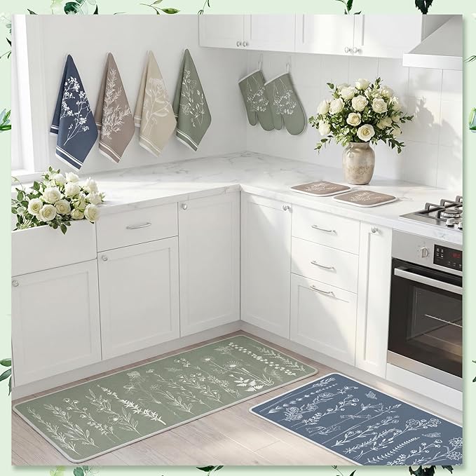 VitalCozy Set of 10 Kitchen Dish Towels Kitchen Mats Oven Mitts and Pot Holders Kit Absorbent Tea Hand Towels Rustic Decorative Towel for Baking Cooking BBQ (Morandi)