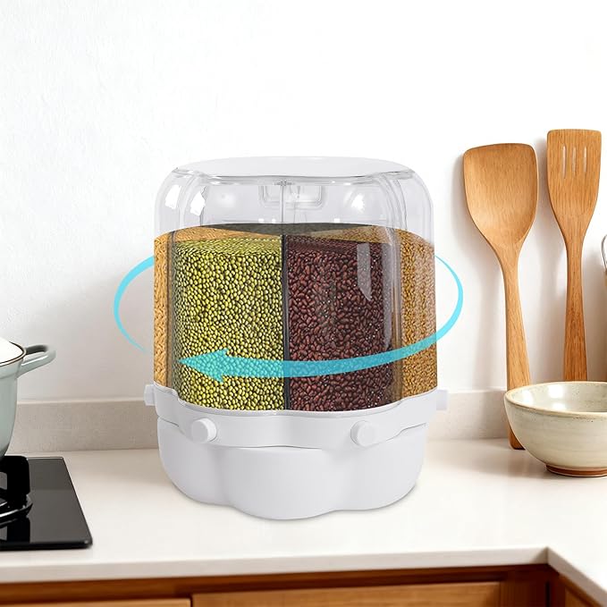 Cereal Dispenser Countertop 360° Rotating Grain Storage Container 13.2-27.56 Lbs Rice Dispenser 6 Grids Dry Food Dispenser Candy Dispensers for Grains, Beans, Rice (White, 27.56Lbs)