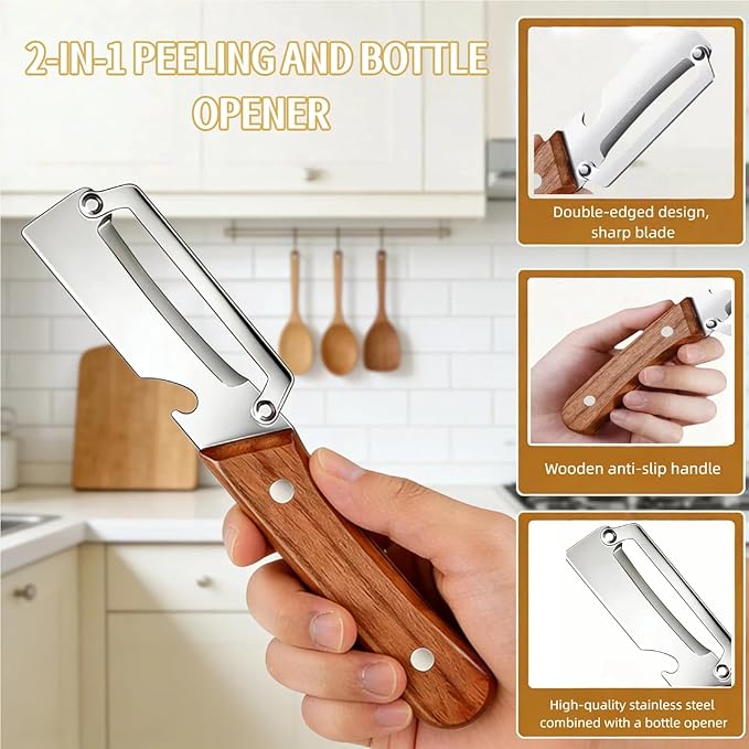Vegetable Peelers for Kitchen, Multi-functional Vegetable Peeler for Kitchen,Peeler with Wooden Handle and Bottle Opener