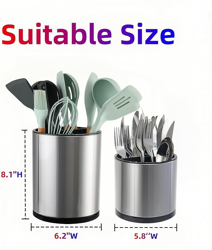 LIBODOUR Kitchen Utensil Holder Extra Large Rotating For Counter Organizer Stainless Steel Storage Cooking Silverware Caddy 3 Compartment Flatware Spoon Spatula Tool Cutlery Container（2 Set Silvery）