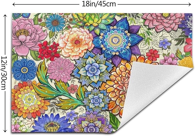 Boho Floral Linen Placemats Set of 4, 12x18 Inch Colorful Bohemian Flower Table Mats, Washable Non-Slip Heat Resistant Dining Mats for Kitchen Home Party Farmhouse, Spring Easter Festival Home Decor