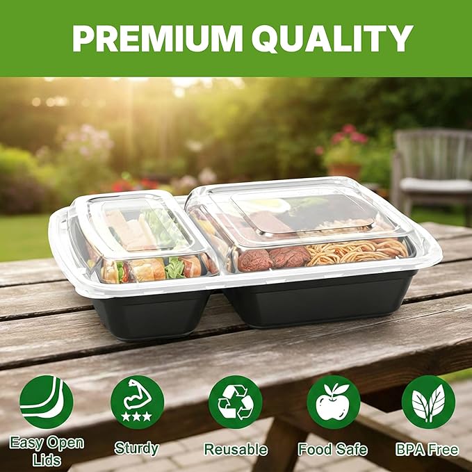 Meal Prep Containers with Lids, Reusable 2-Compartment Food Storage, Sturdy Leakproof, Food Safe, Microwave Freezer Dishwasher Safe, To-Go Takeout Plastic Containers, 50 Pack (100-Piece) – 60828 60828