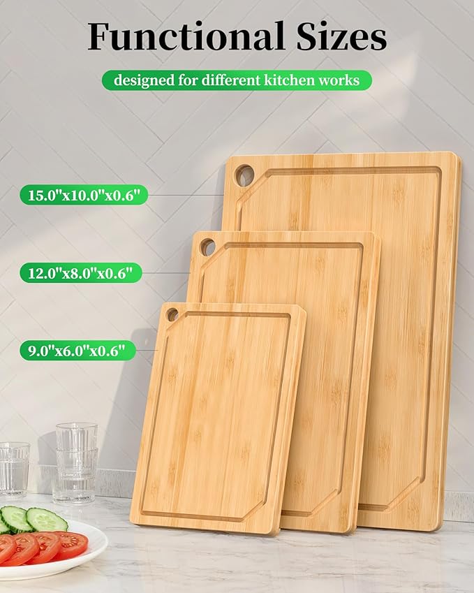 Kitchen Cutting Board Set - 3-Piece Wooden Cutting Boards for Kitchen with Juice Groove, Handles, Hang Holes, Stylish Kitchen Essentials for Chpping & Serving, Natural, 0.6"Th - (L+M+S)