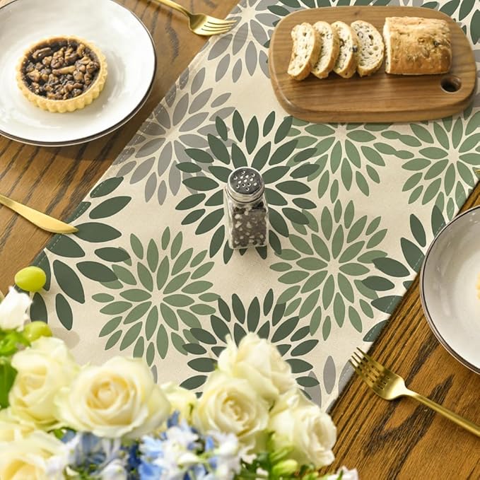Artoid Mode Green Dahlia Aqua Floral Pinnata Flower Table Runner, Seasonal Holiday Kitchen Dining Table Decoration for Home Party Decor 13x72 Inch