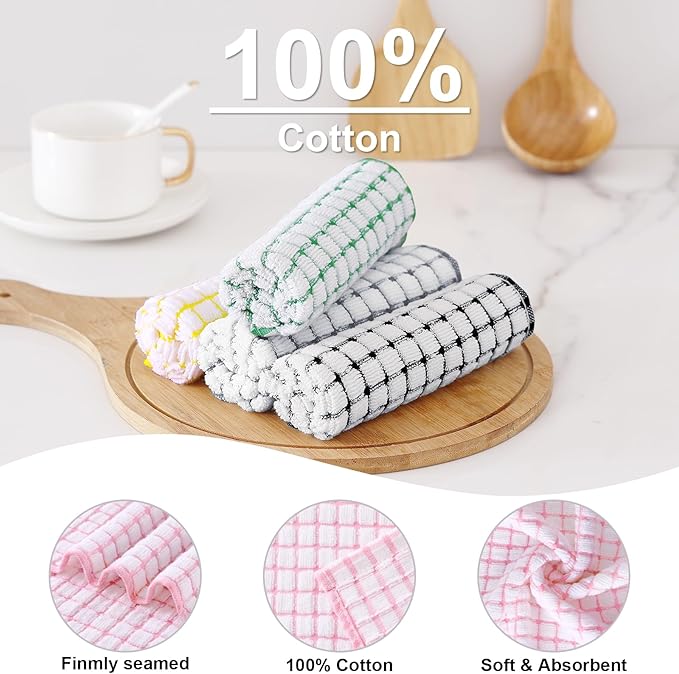 Kitinjoy Cotton 8 Pack Terry Kitchen Dish Cloths, 12 x 12 Inches Super Soft and Absorbent Dish Rags, Quick Drying Dish Towels for Washing Dishes, Multi-Colored