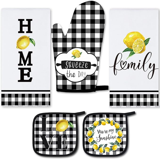 5 Pieces Buffalo Plaid Kitchen Towels Oven Mitts and Pot Holder Set Black and White Kitchen Towels Oven Gloves, Hot Pads Pot Holders for Farm House Accessories Decor(Lemon)