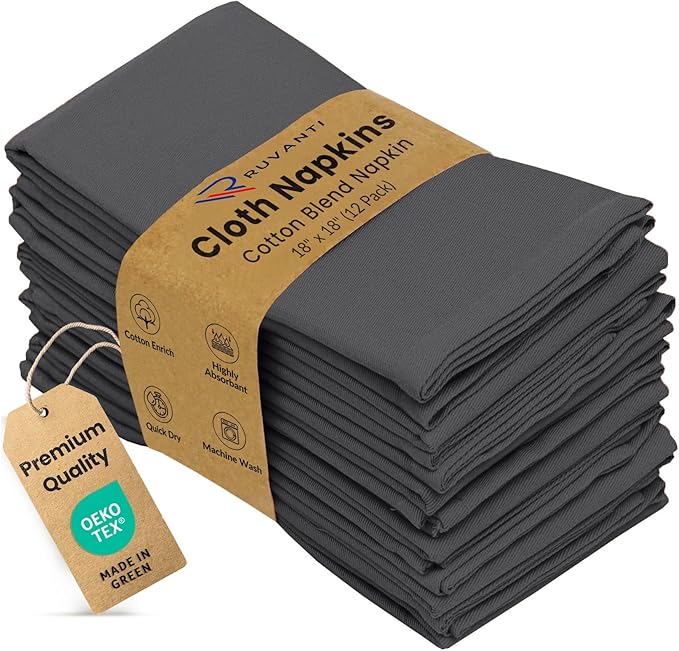 Ruvanti Cloth Napkins Set of 12, 18x18 Inches Napkins Cloth Washable, Soft, Durable, Absorbent, Cotton Blend. Table Dinner Napkins Cloth for Hotel, Lunch, Restaurant, Weddings, Parties - Dark Grey