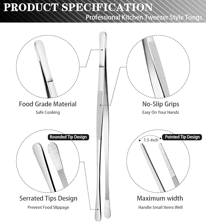 JETKONG 2 Pcs 10-Inch Cooking Tweezers Stainless Steel, Straight Food Tweezers, Professional Kitchen Forceps for Cooking Repairing and BBQ (Silver)
