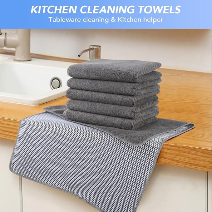 KinHwa Kitchen Washcloths for Dishes Absorbent Microfiber Dish Cloths Dish Towels for Kitchen Quick Dry Dish Rags with Poly Scour Scrub Side Ideal for Kitchen Cleaning (Gray, 15inchx25inch 6pack)