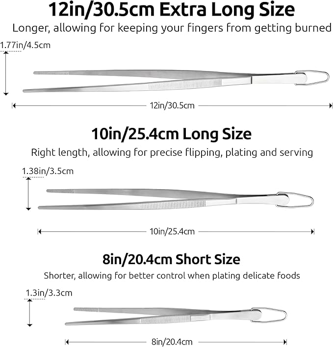U-Taste 8in Kitchen Plating Tweezer: 18/8 Stainless Steel Food-Grade Metal Food Tong, Seamless-Welding, Sturdy and Flexible with Non-Slip Tips for Serving, Decorating, Cooking, Baking (Pointed Tip)