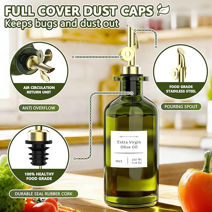 COOLMI Oil Dispenser for Kitchen - 12oz/350ml, Set of 2 Extra Thick Food Grade Glass Olive Oil Dispenser Bottle with Cleaning Brush, Stickers and Funnel (Gold)
