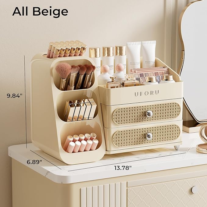 Makeup Organizer for Vanity with Brush Holder, Large Plastic Bathroom Countertop Skincare Organizer with 2 Drawers, Spacious Cosmetic Display Case for Perfumes, Eyeshadow Palettes, Nail Polishes