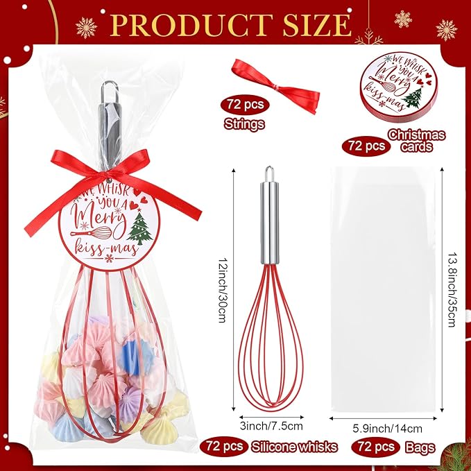 FoldTier 72 Sets 12 Inch Christmas Whisks Gifts DIY Fillable Christmas Tree Ornaments Xmas Colored Silicone Whisks for Cooking Heat Resistant Egg Beaters with Card Rope Bag for Candy Holder