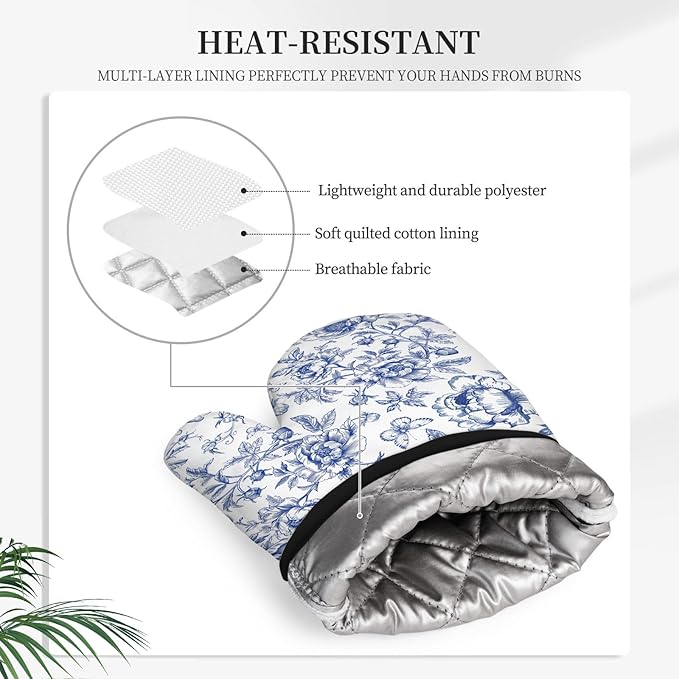 Floral Oven Mitts and Pot Holders Sets of 3, Blue Floral Silicone Oven Mitts Birthday for Flower Lover Kitchen Decor, Botanical Print Heat Resistant Non-Slip Oven Gloves for Mom Wife Sister BFF