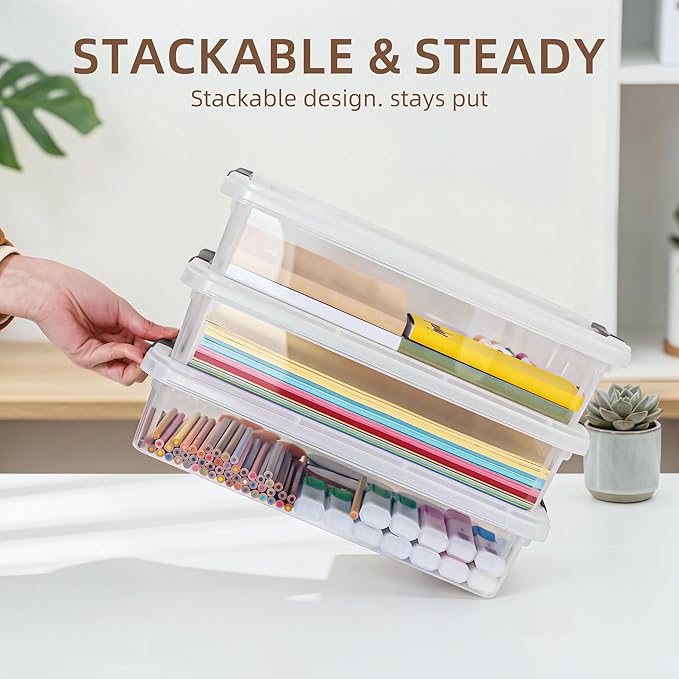 Citylife 6 PCS Clear Plastic Container Clip Box with Latching Lids, Stackable Document Paper Protectors Organizer Container for Office, Home, and School Supplies
