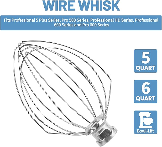 6 Wire Whisk Attachments Compatible with KitchenAid 5Plus-6Quart Mixer, Bowl Lift Stand Mixer Accessories, 6-Quart Stainless Steel Whisk, Egg Cream, Cake Mayonnaise, For Multiple Models