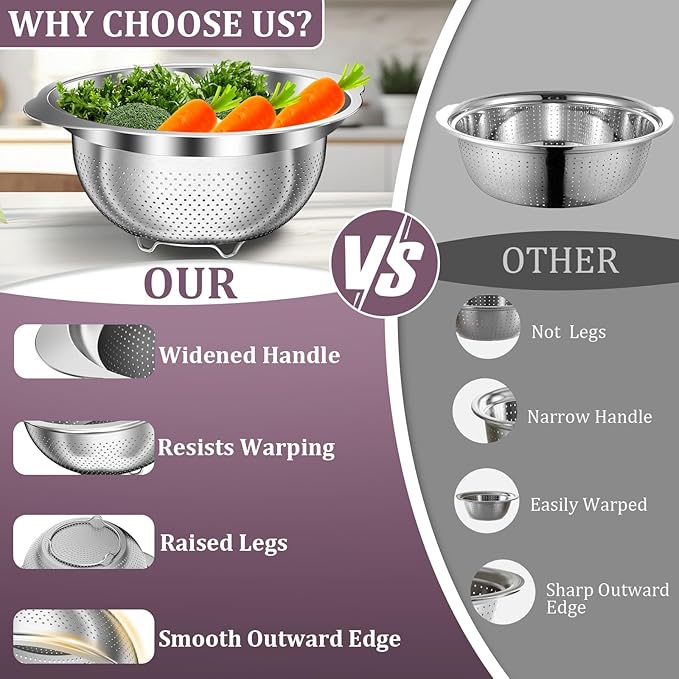 Stainless Steel Colander - 3QT Medium Capacity Strainer with Handle, Kitchen Food Strainer Basket for Washing Vegetables, Fruits, Rice, and Pasta, Kitchen Present for Women