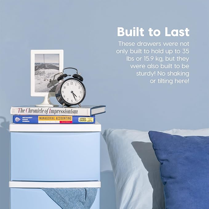 IRIS USA Plastic Drawer Storage Organizer, 4-Drawers, for Classroom Art Supplies Bathroom Dorm Bedroom Laundry Room, Slim Narrow, White Frame with Matte Blue Front Panels