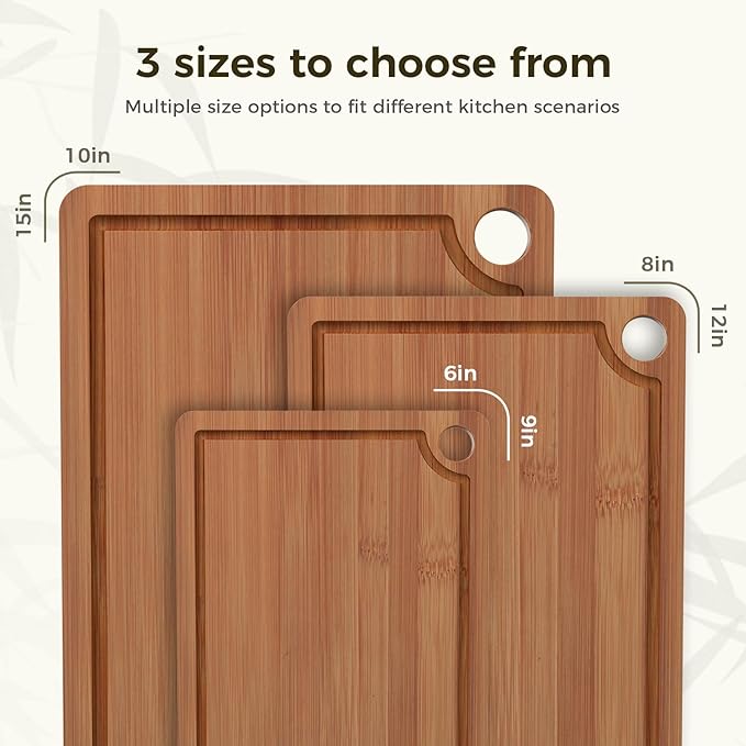 Bamboo Cutting Board for Kitchen – 3-Piece Wooden Boards with Juice Grooves, Side Handles, Non-Slip Mats – Perfect for Meat, Veggies Fruit,Cutting Board & Knife Sets – Ideal Kitchen Gift