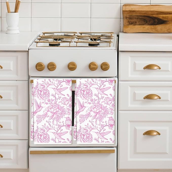 Pink Floral Kitchen Towel Flower Birds Dish Towel 18 x 28 Inch Hand Drying Tea Towel for Cooking Baking Party Supplies, 2Pcs
