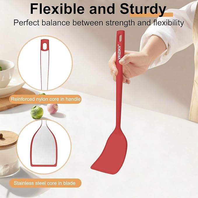 Silicone Spatula Turner Set, 4 Pack, 600°F Heat Resistant Cooking Spatulas, Spoons, BPA Free & Non-Stick Kitchen Utensils, Ideal for Flipping Egg, Pancake, and Serving, Dishwasher Safe (Red)