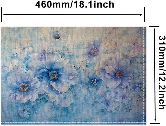 HOMETITUTE Linen Placemats Set of 4 12x18 inch Spring Table Mats for Dining Table Blue Floral Farmhouse Decorations Kitchen Decor Desk Mat for Outdoor Home Party Kitchen Seasonal Dining Decor
