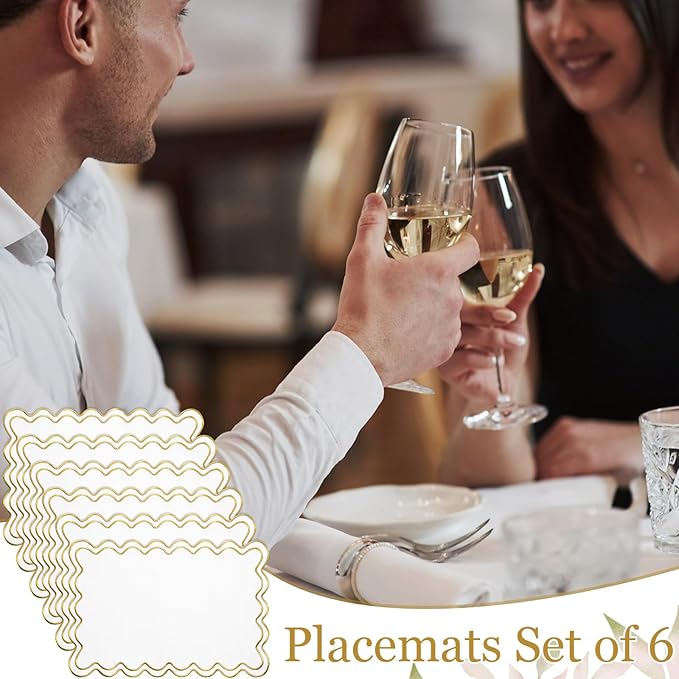 HunnmingRe Set of 6 Cotton Linen Placemats, 13x19 Inch Scalloped Wavy Embroidery Placemat Double Layered Washable Rustic Rectangle Dinner Table Mats for Wedding Home Decor(White with Gold)