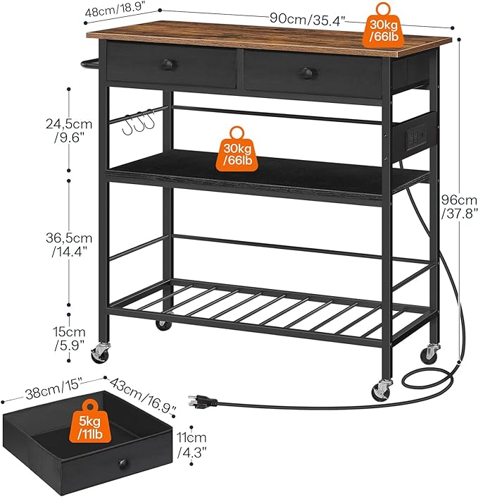 HOOBRO Kitchen Island with Storage, Rolling Island Cart for Kitchen with 2 Drawers & Outlet, 3 Tier Coffee Station and Microwave Stand, Kitchen Island Table for Home, Rustic Brown and Black FB08UZD01