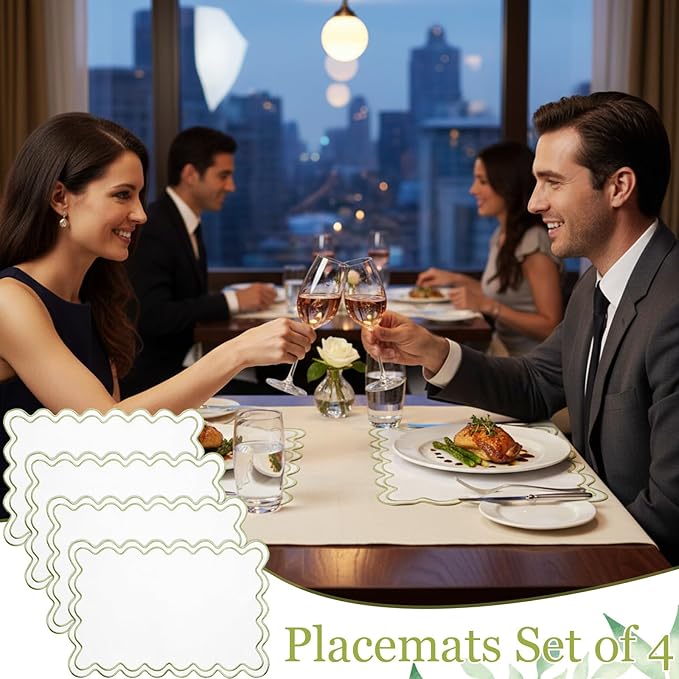 Set of 4 Cotton Linen Placemats, 13x19 Inch Scalloped Wavy Embroidery Placemat Double Layered Washable Rustic Rectangle Dinner Table Mats for Kitchen Wedding Home Party Decor(White)