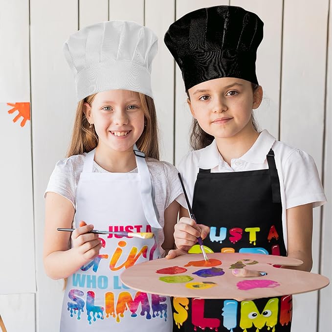 GROBRO7 4Pcs Kids Apron and Chef Hat Set Gift for Girls, Just A Girl Who Loves Slime Print Adjustable Kitchen Cooking Child Aprons Waterproof Smocks for Baking Painting Crafting