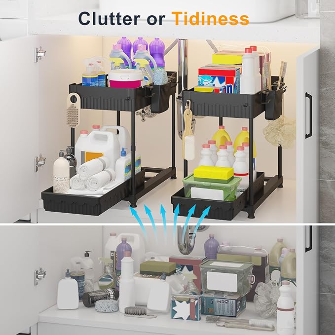 Sevenblue 2 Pack Multi-Purpose Under Sink Organizers and Storage, 2026 Pull Out Cabinet Organizer for Bathroom & Kitchen, Under Cabinet Organizer with Hooks Hanging cup, Black