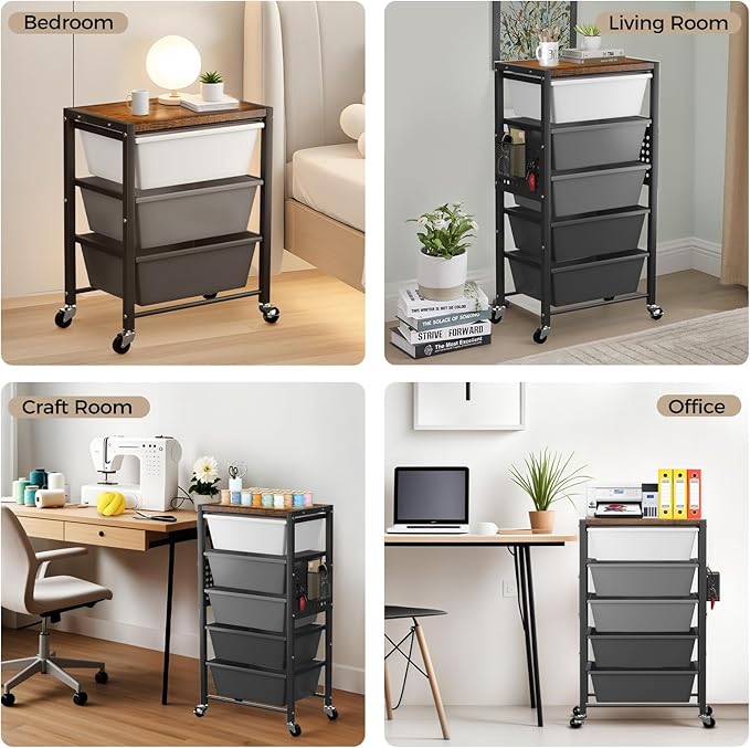 Rolling Cart with 3 Drawers, Plastic Drawer Storage Carts with Lockable Wheels & Wooden Tabletop, Metal Utility Cart Organizer, Office Bedroom Classroom Craft Organization and Storage, Dark Grey