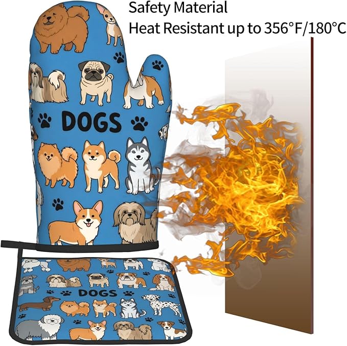 Cartoon Dogs Oven Mitts and Pot Holders Blue Background Heat Resistant Oven Mitts Safe for Baking Cooking BBQ