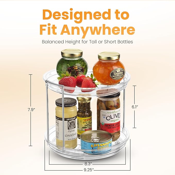 Oizeir 2 Tier Lazy Susan Organizer for Cabinet, Clear Acrylic Rotating Spice Rack Turntable for Kitchen, Pantry, Countertop, Bathroom, Vanity – Double Tier Storage Carousel with Metal Supports