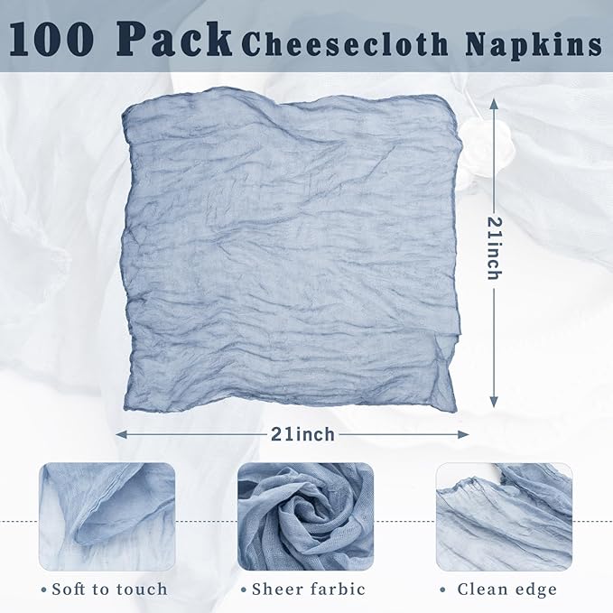100 Pack Dusty Blue Cheesecloth Napkins Washable 21x21 Inches Dusty Blue Cloth Napkins Set of 100 Bridal Baby Shower Dinner Table Napkins for Wedding Rustic Boho Cotton Gauze Summer Party Table Decor