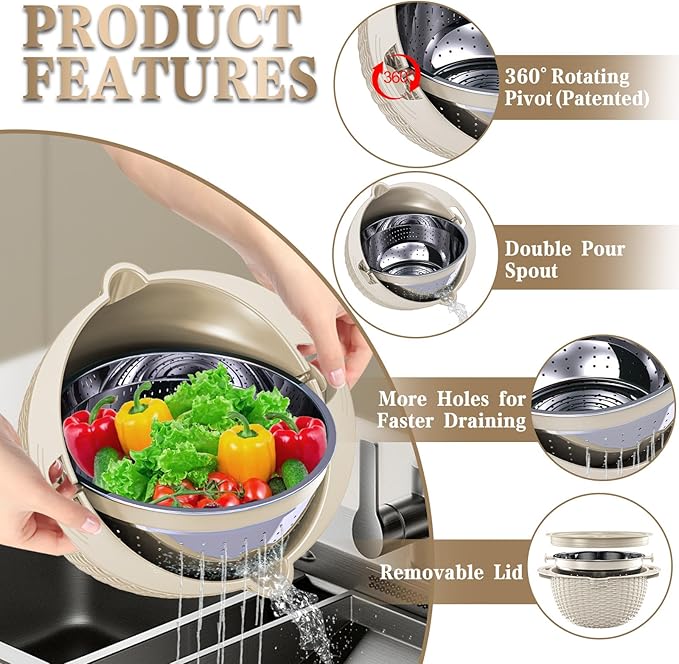 4-1 Colander with Bowl Set - Rotatable Colander for Kitchen (Patented), Upgraded Graters Food Strainers for Pasta Fruits and Vegetables, Funny Presents for Women, Aesthetic Kitchen Gadget - Beige