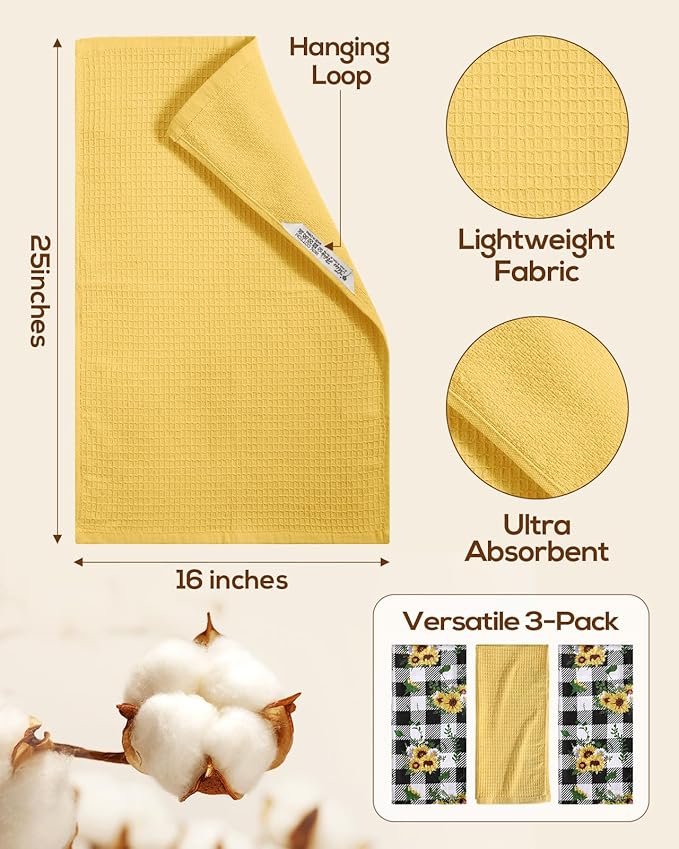 Miss Adola 3pcs Cotton Kitchen Towels - 270 GSM 15x25 Inch Terry Cloths Reusable Dish Cloths for Cleaning Absorbent Soft Hand Tea Towels with Hanging Loop for Housewarming Home Decor, Plaid Sunflower