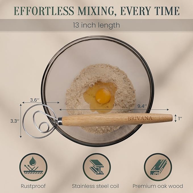 Danish Dough Whisk, Sourdough Bread Whisk with Wooden Handle, 13-Inch Stainless Steel Single Loop Dough Mixer for Bread Making, Pizza Dough, Batter and Pastry