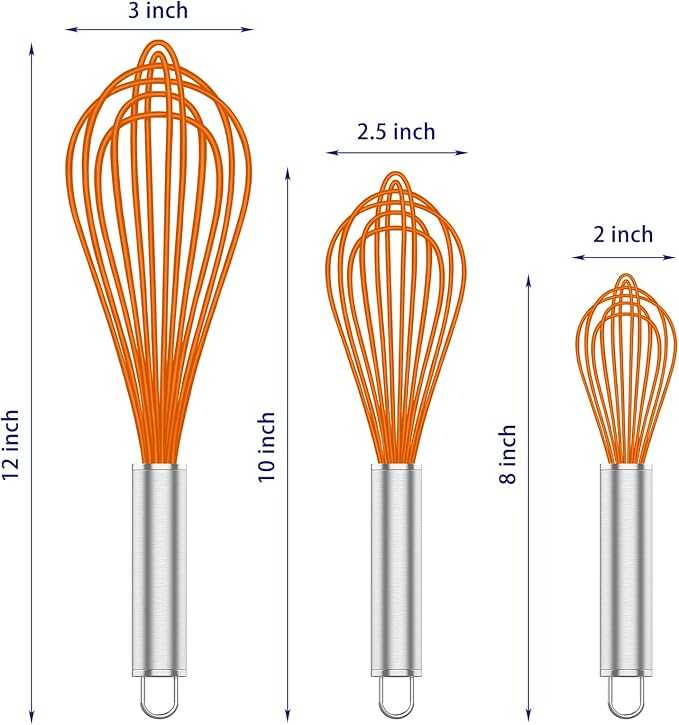 OYV Orange Silicone Whisk, Professional Whisks For Cooking Non-Scratch, Stainless Steel & Silicone Wisk, Plastic Rubber Whisk Tool For Nonstick Cookware Pans, BPA free, Silicon Wisks Set of 3