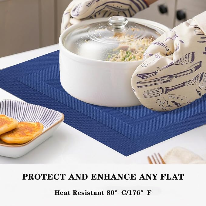 Blue Frame Placemats Set of 2 - Heat Resistant Non-Slip Place mats for Dining Table, Washable Durable PVC Vinyl Woven Table Mats (Blue Frame, 2)