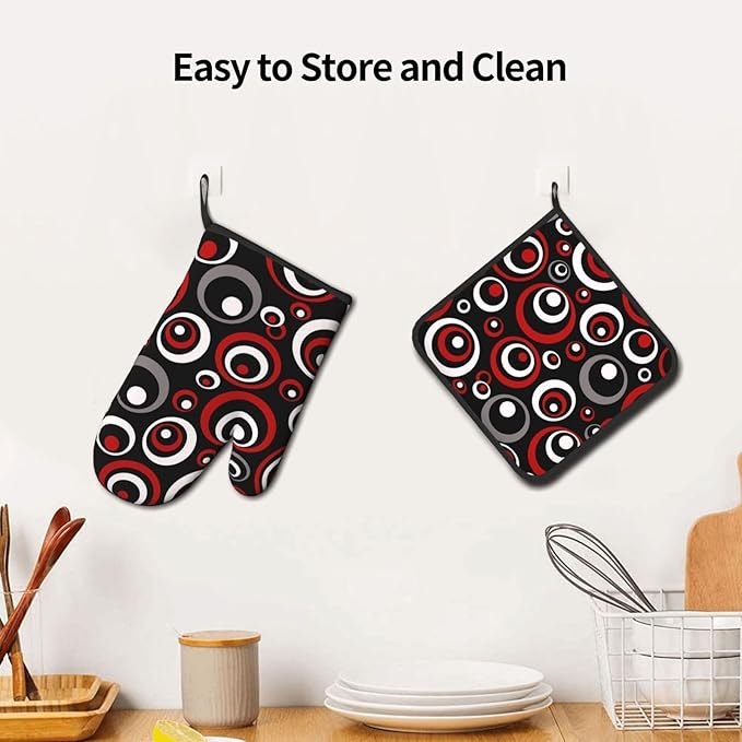 Retro Red Circles Oven Mitt and Pot Holder Set (3-Piece) - Heat Resistant Non-Slip Modern Geometric Gloves Gift for Chef Cooking Baking Grilling BBQ Lovers, Stylish Kitchen Decor, Red White Black Grey