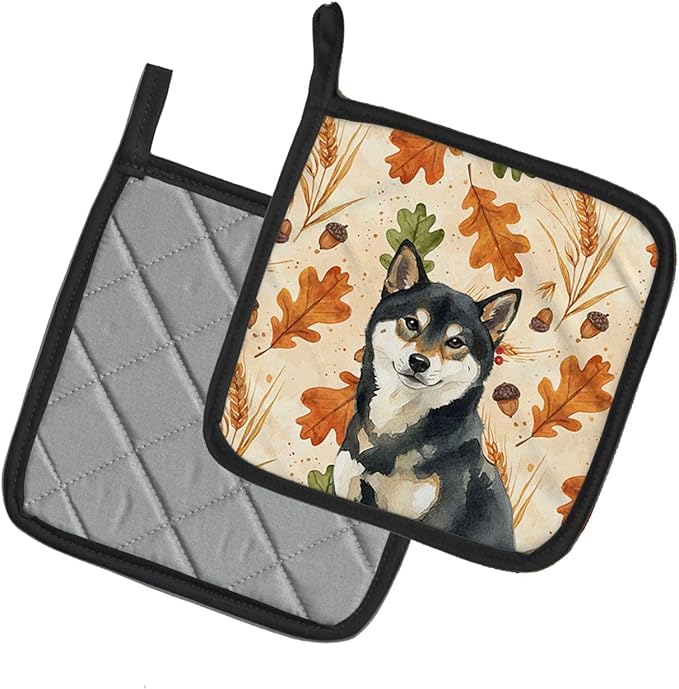Caroline's Treasures Black and Tan Shiba Inu Heirloom Fall Pair of Pot Holders Pair 7.5x7.5 Quilted Insulated Hot Pads Decorative Kitchen Gift Made in USA