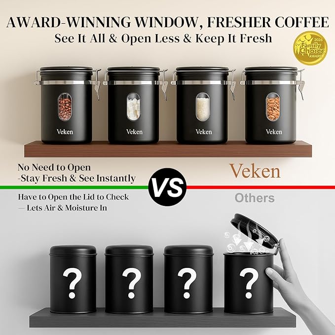 Veken Large Coffee Canister with Window, Rice Kitchen Food Storage Airtight Stainless Steel Container with Lids, Date Tracker and Scoop, Grounds, Beans, Tea, Flour, Cereal, Sugar Jars, 38oz, Black