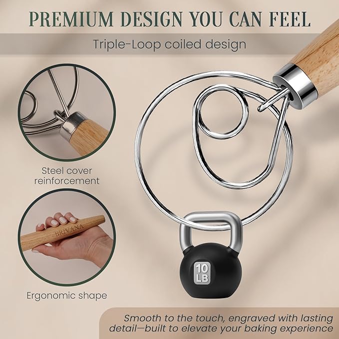 Danish Dough Whisk, Sourdough Bread Whisk with Wooden Handle, 13-Inch Stainless Steel Single Loop Dough Mixer for Bread Making, Pizza Dough, Batter and Pastry